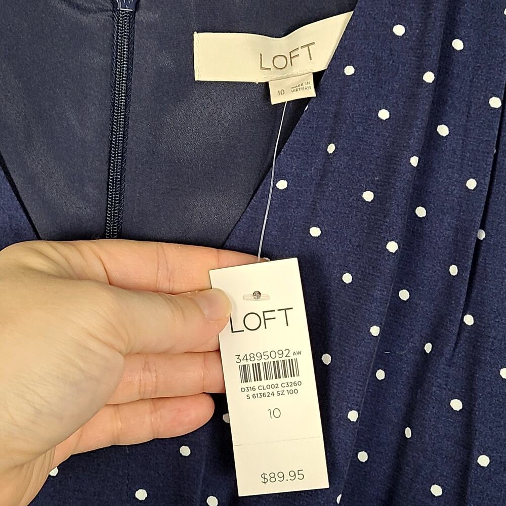 Loft Navy Blue Polka Dot V-neck Dress Puff Sleeves Size 10 NWT Retro 40's Style - Picture 7 of 13
